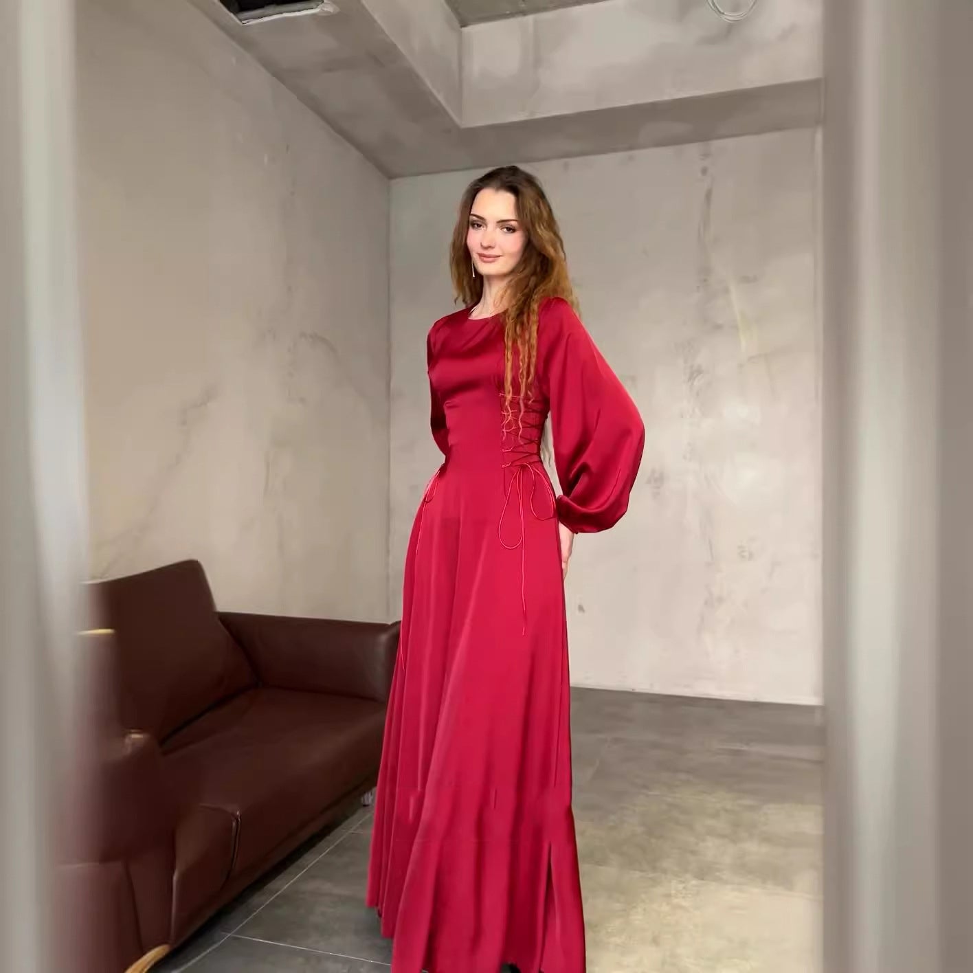 Women Spring Lace-up Puff Sleeve Dress 5