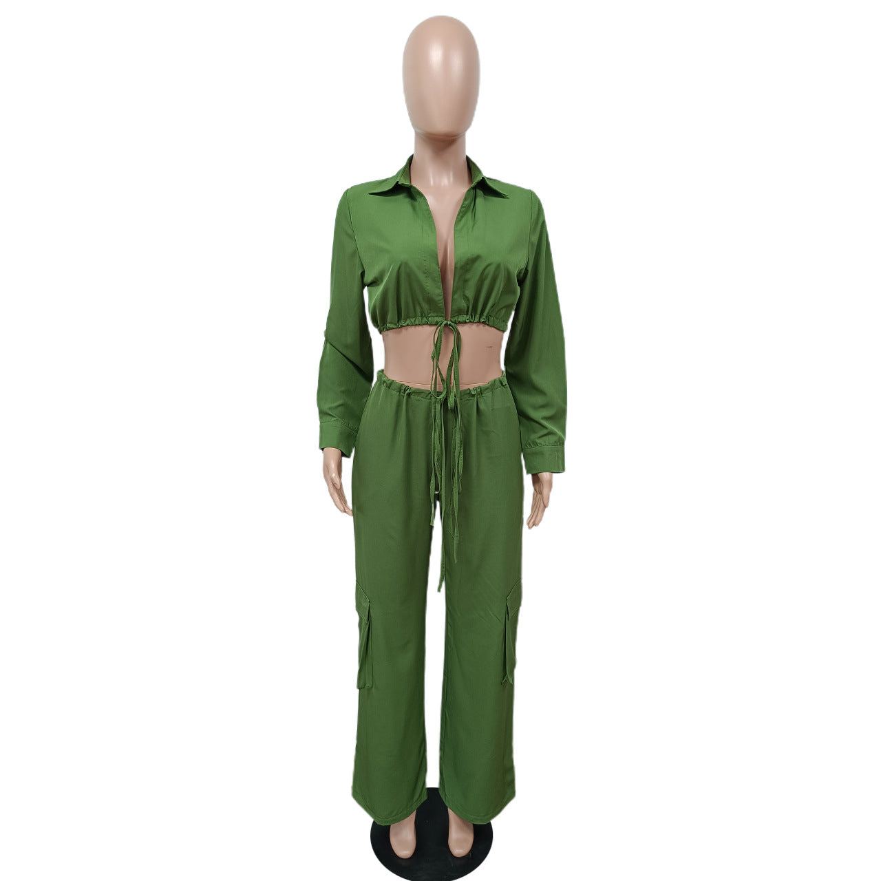 WomenCasual Backless Lace-Up Long Sleeve Top and Pocket Pants Two-Piece Set 13