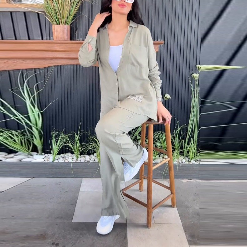 Plus Size Women loose long-sleeved shirt and slit wide-leg pants two-piece set