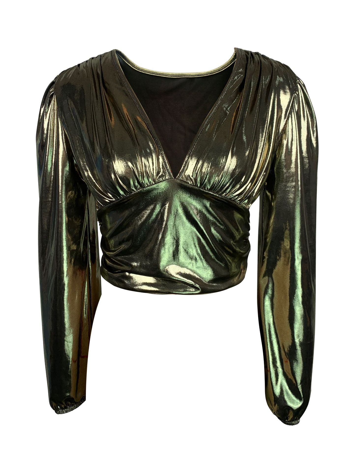 Fashionable Plus Size Women's V-Neck Long Sleeve Gathered Slim Waist Balloon Sleeve Top 9