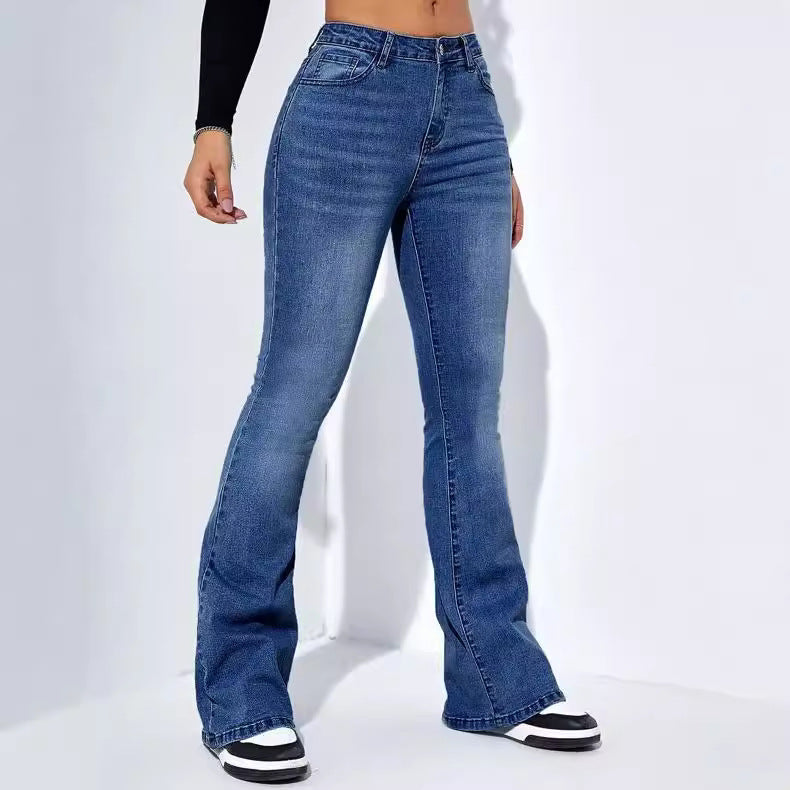Women Elastic Bell Bottom Denim Pants 7