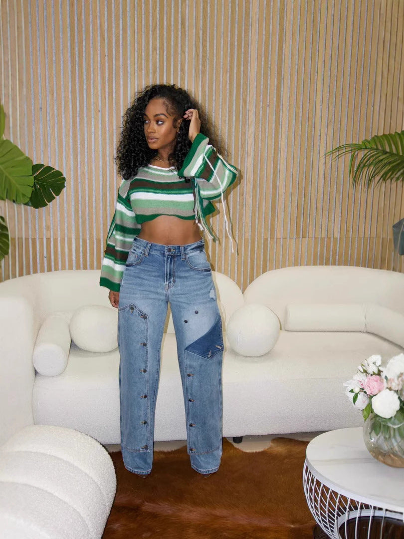 Women Patchwork Trendy Removable Denim Pants 3