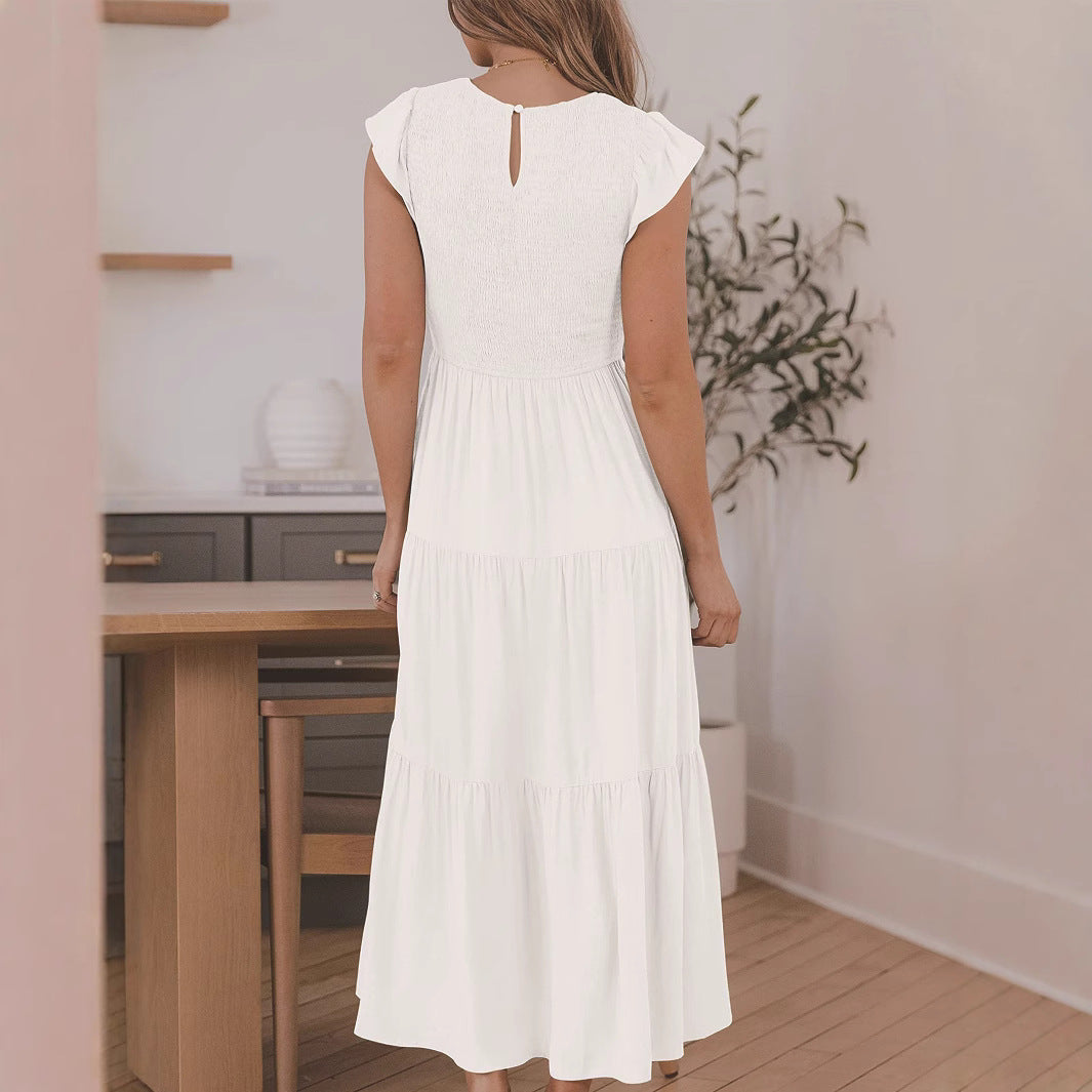 Solid Color Pleated Waist Casual Midi Dress 5