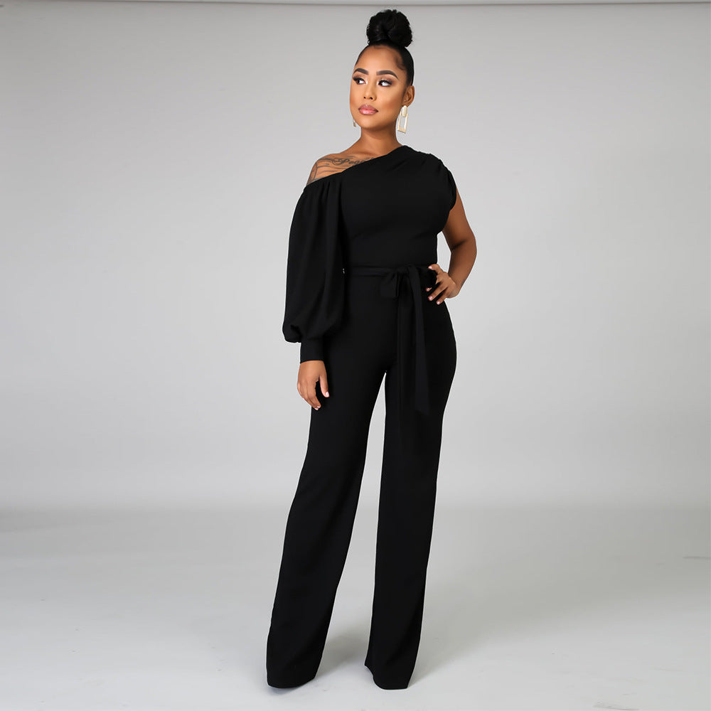 Women Solid Color One Shoulder Wide Leg Jumpsuit 14