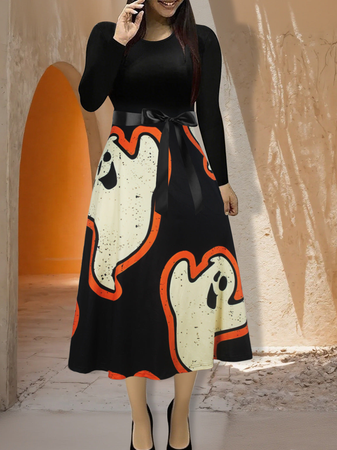 Women Halloween Long-Sleeved Round Neck Dress with Bow