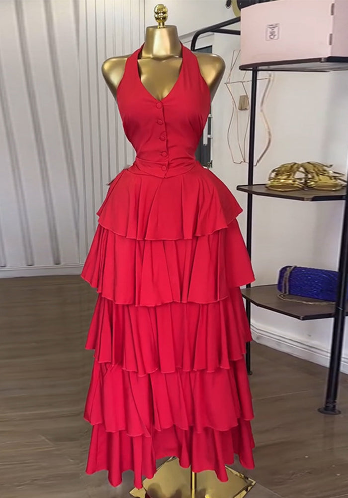 Women summer Halter Neck vest and cake skirt two-piece set