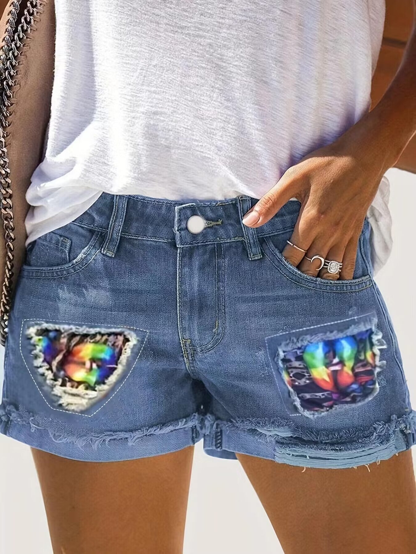 Summer Plus Size Elastic Patch Denim Shorts