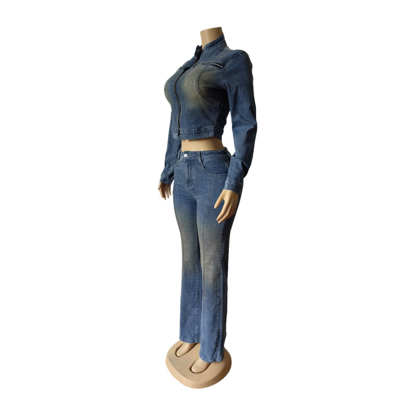 Denim Stretch Long Sleeve Jacket Flared Pants Set 3