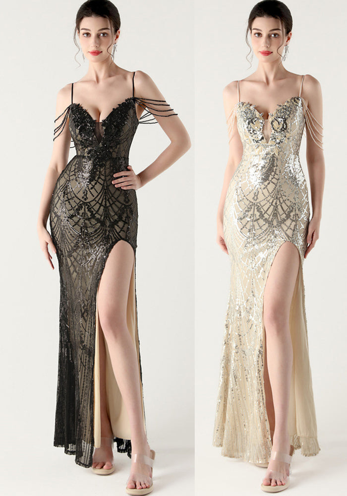 Women Beaded Sequin V Neck strap backless Formal Party fishtail evening dress