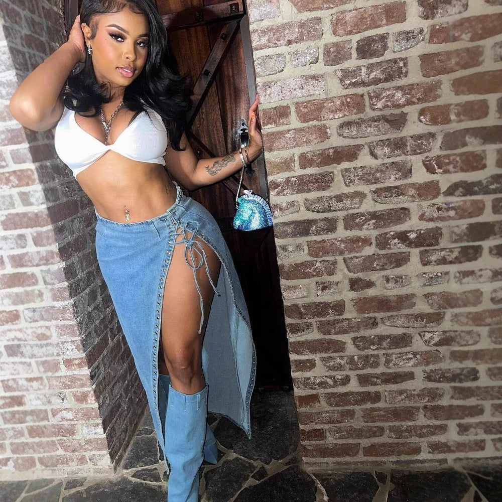 Women Lace-Up Side Slit Denim Skirt 3