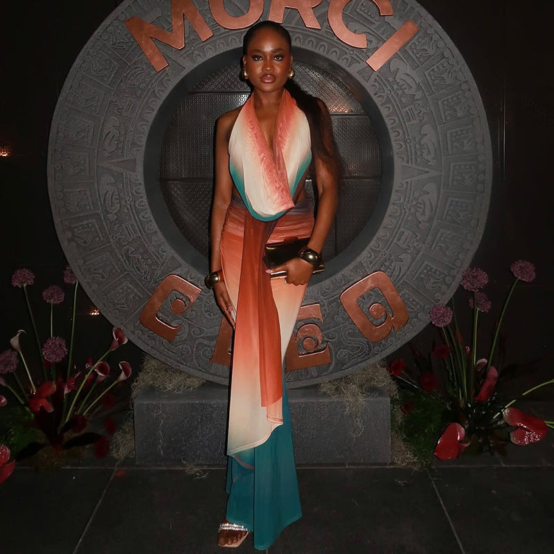 Summer women's sexy Halter Neck color matching mesh print skirt two-piece set 3