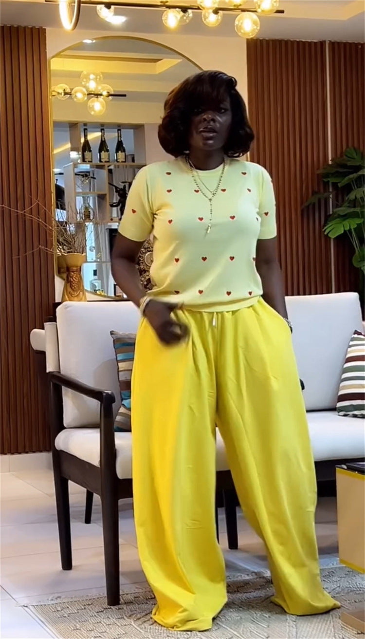 Women's Summer Sweet & Trendy Round Neck Heart Print Short Sleeve Top & Wide-Leg Pants Set 11