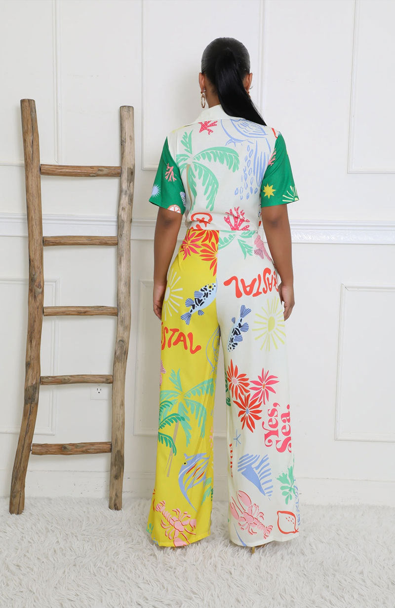 Women's Printed Short Sleeve Casual High Waist Wide Leg Fashion Jumpsuit 4