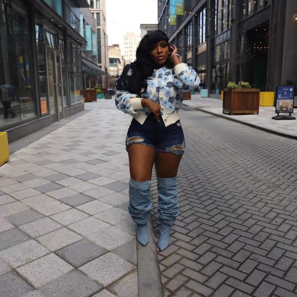 Women Flower Ribbed Long Sleeve Jacket 3