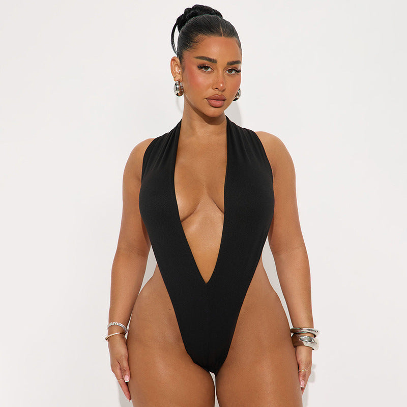 Women Spring and Summer Sexy V Neck Sleeveless Bodysuit and Flared Pants Two-piece Set 17