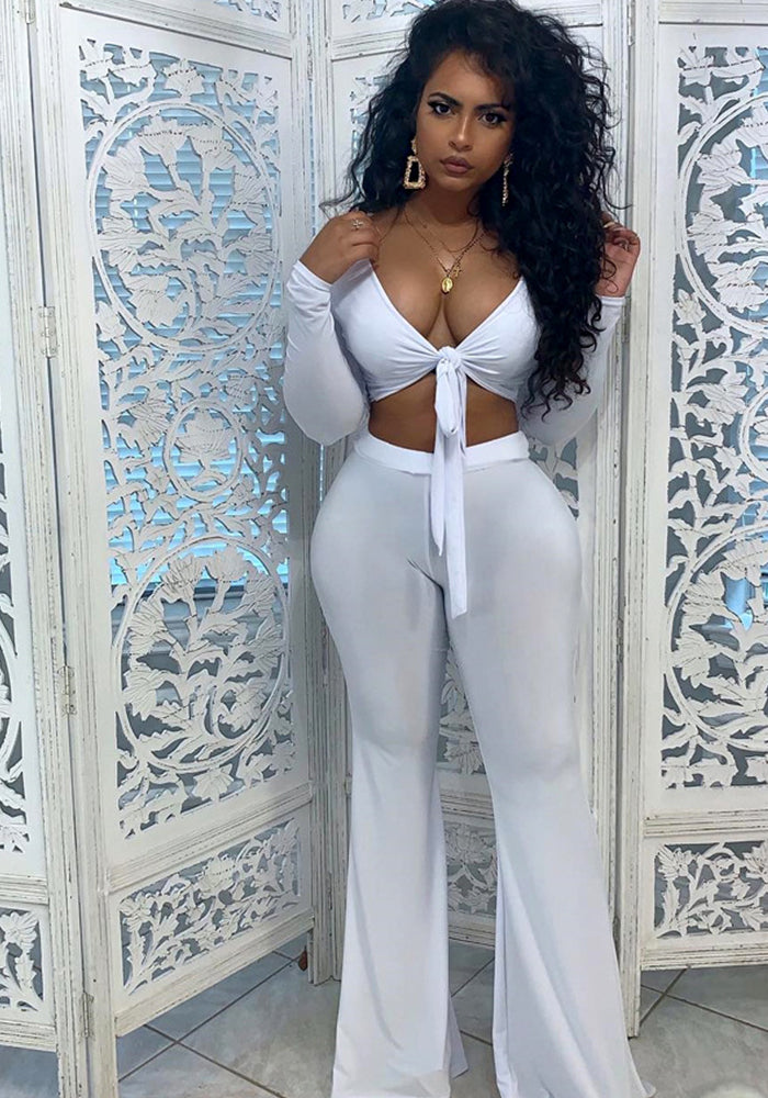 Sexy Elastic Casual Bell Bottom Trousers Low-Cut lace-up top set