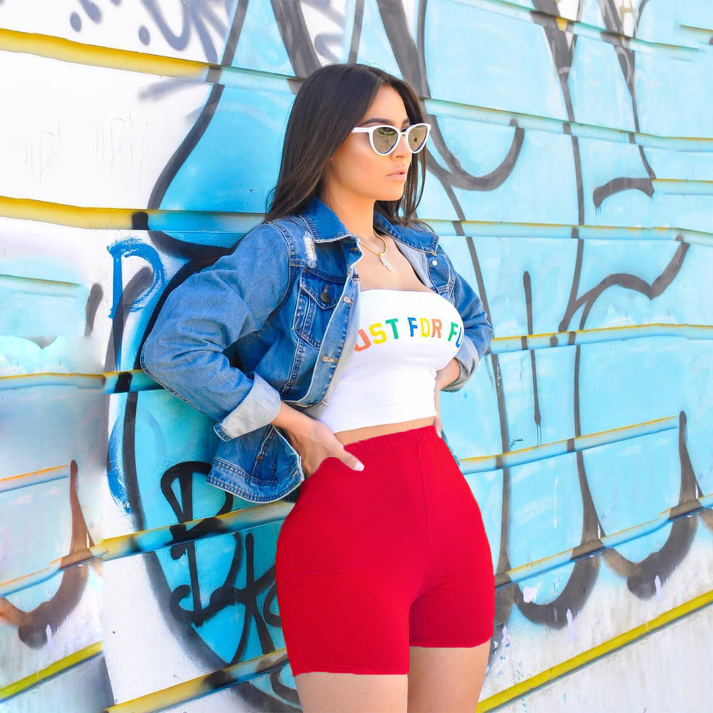 letter printed casual strapless patchwork sporty summer two-piece 3