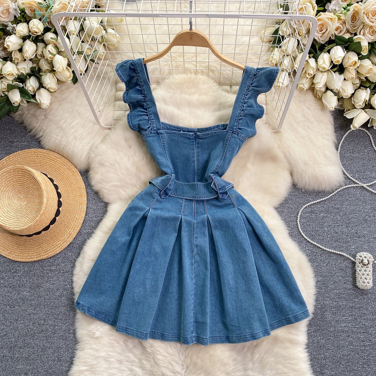Women's Ruffled Strap Women's Denim A-Line Short Dress 5