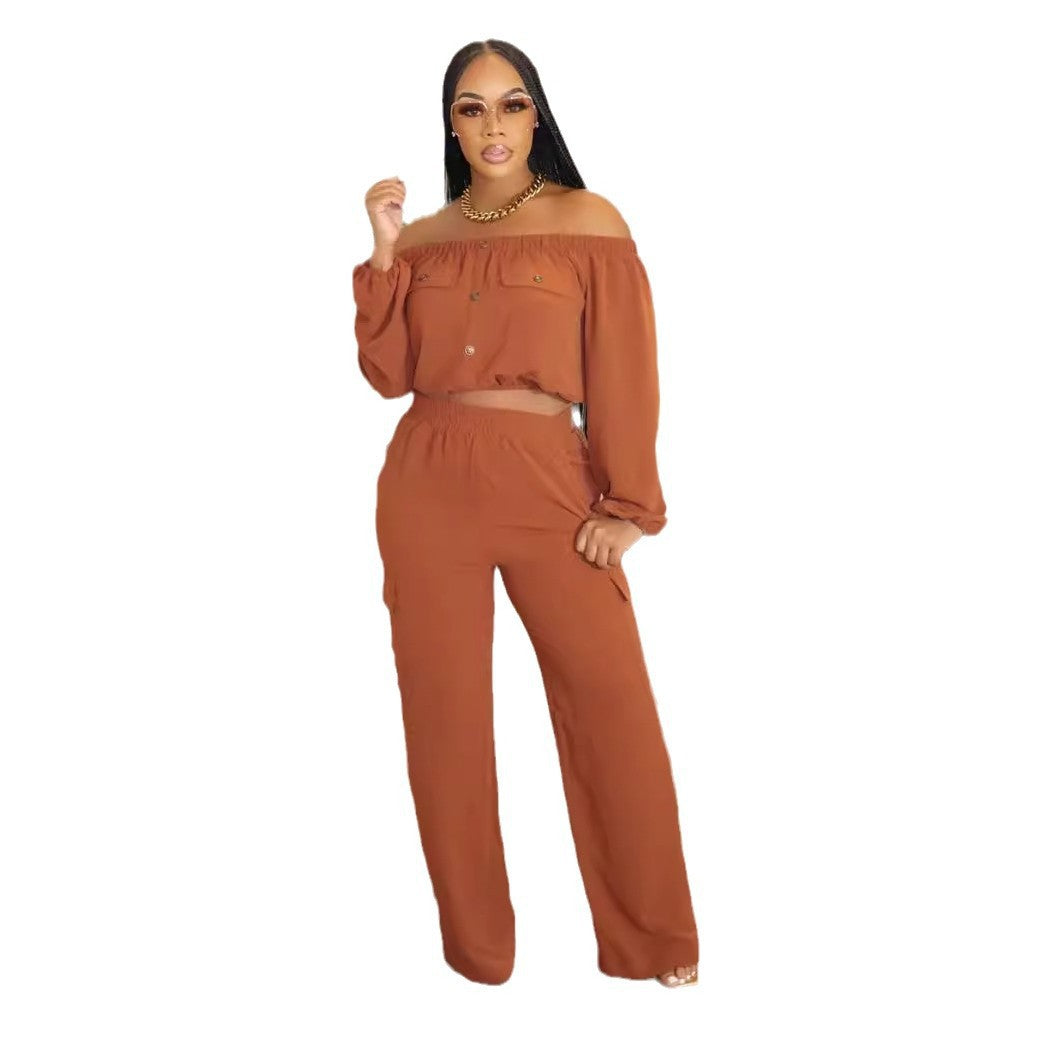 Women Solid Sexy Off Shoulder Long-sleeved Top and Wide-leg Pants Two-piece Set 10