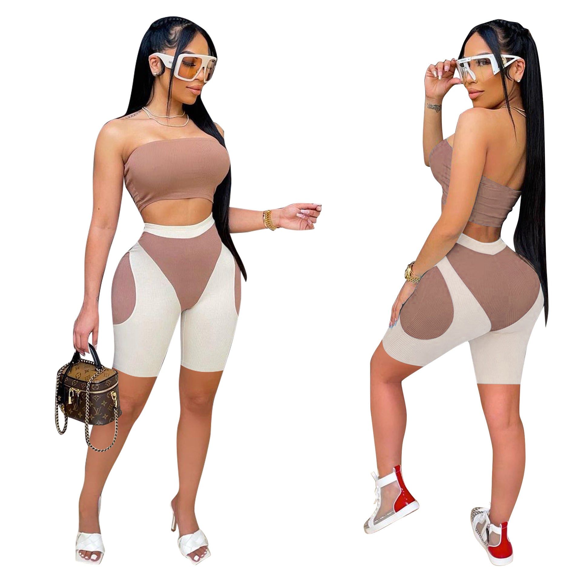 Women's summer fashionable color matching tight fitting strapless two-piece shorts set 6