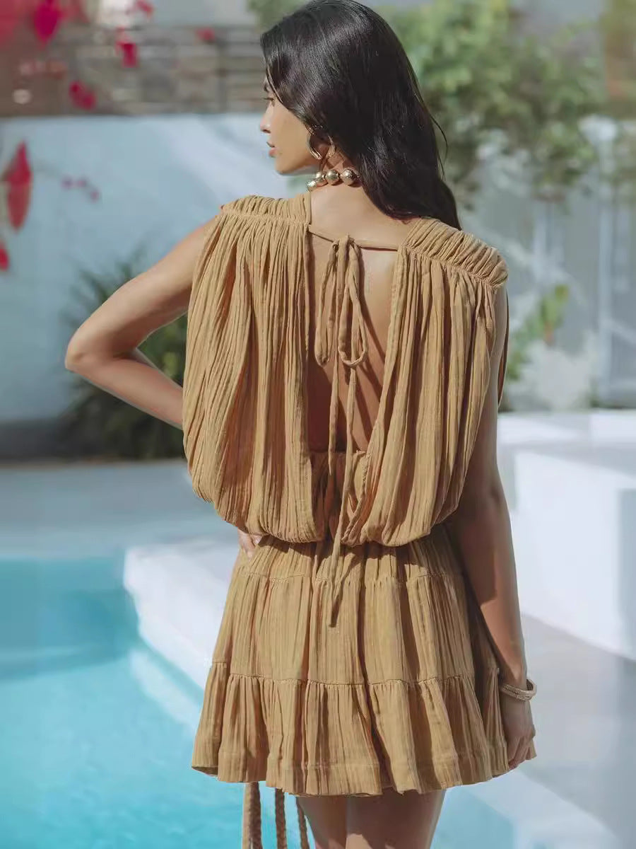 Women Summer Holidays Solid Drawstring Belt Sexy Dress 9