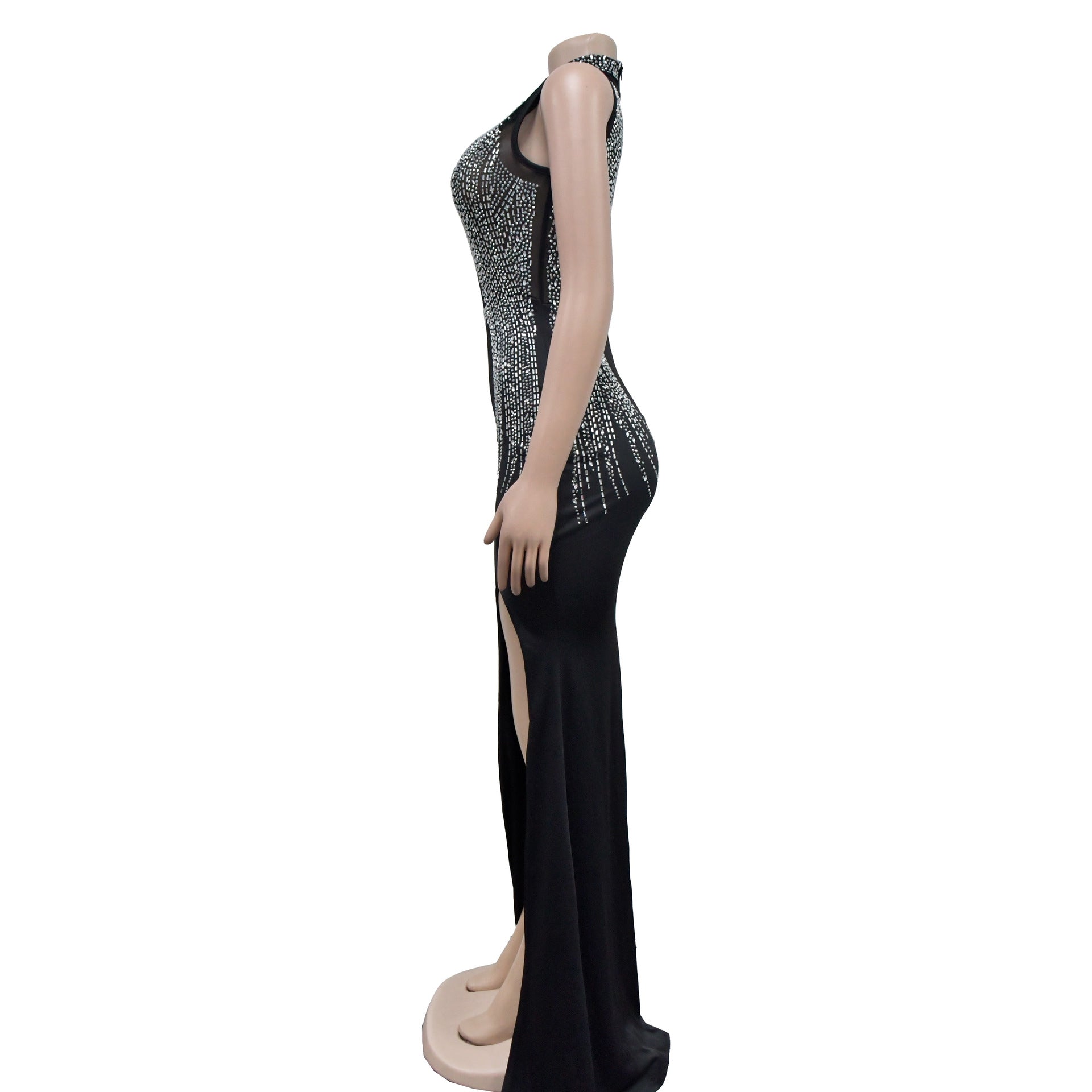 Women Solid Mesh Beaded Slit Maxi Dress 23