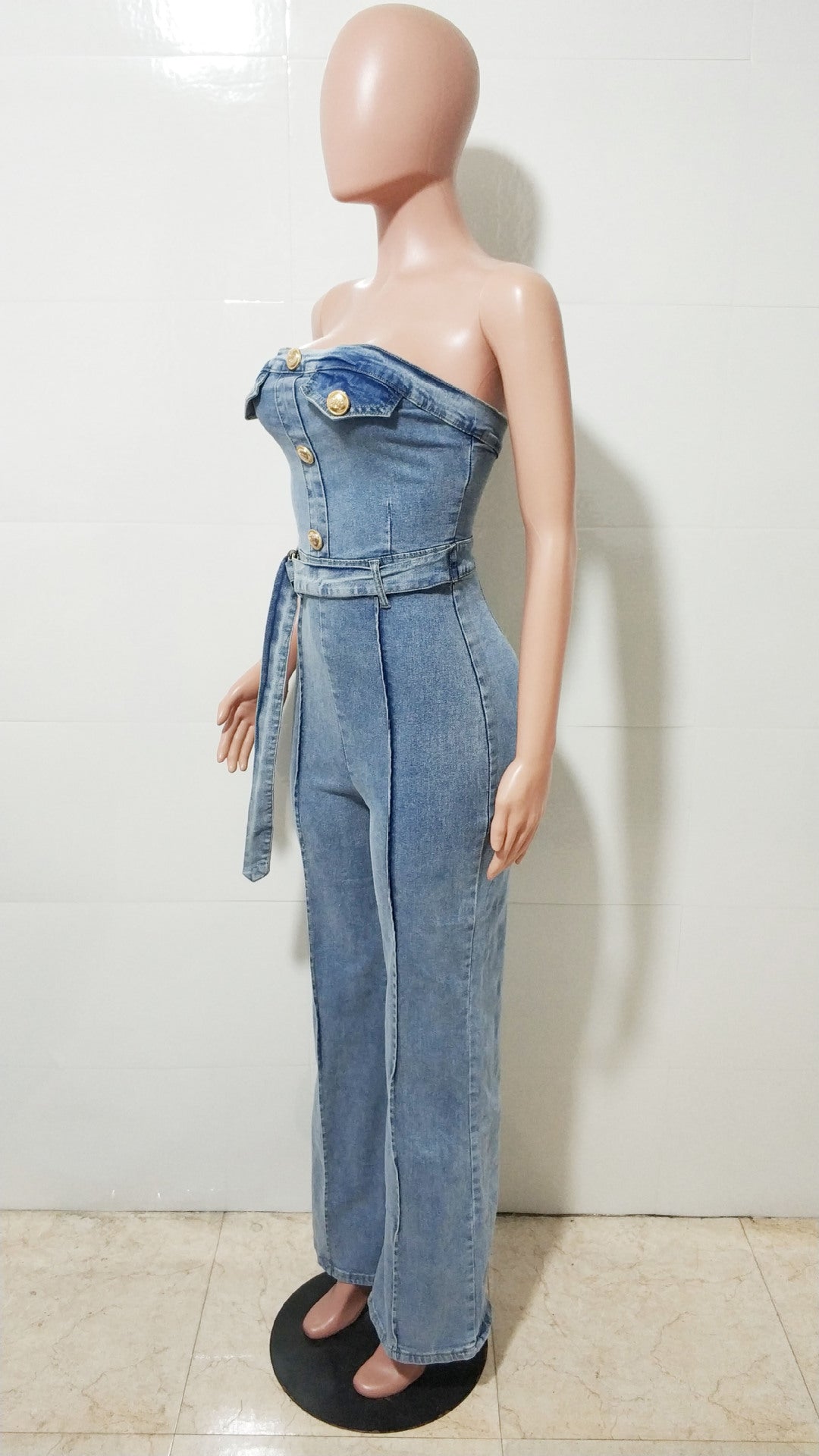 Women's Strapless Slim Waist Elastic Washed Denim Wide-Leg Jumpsuit 6