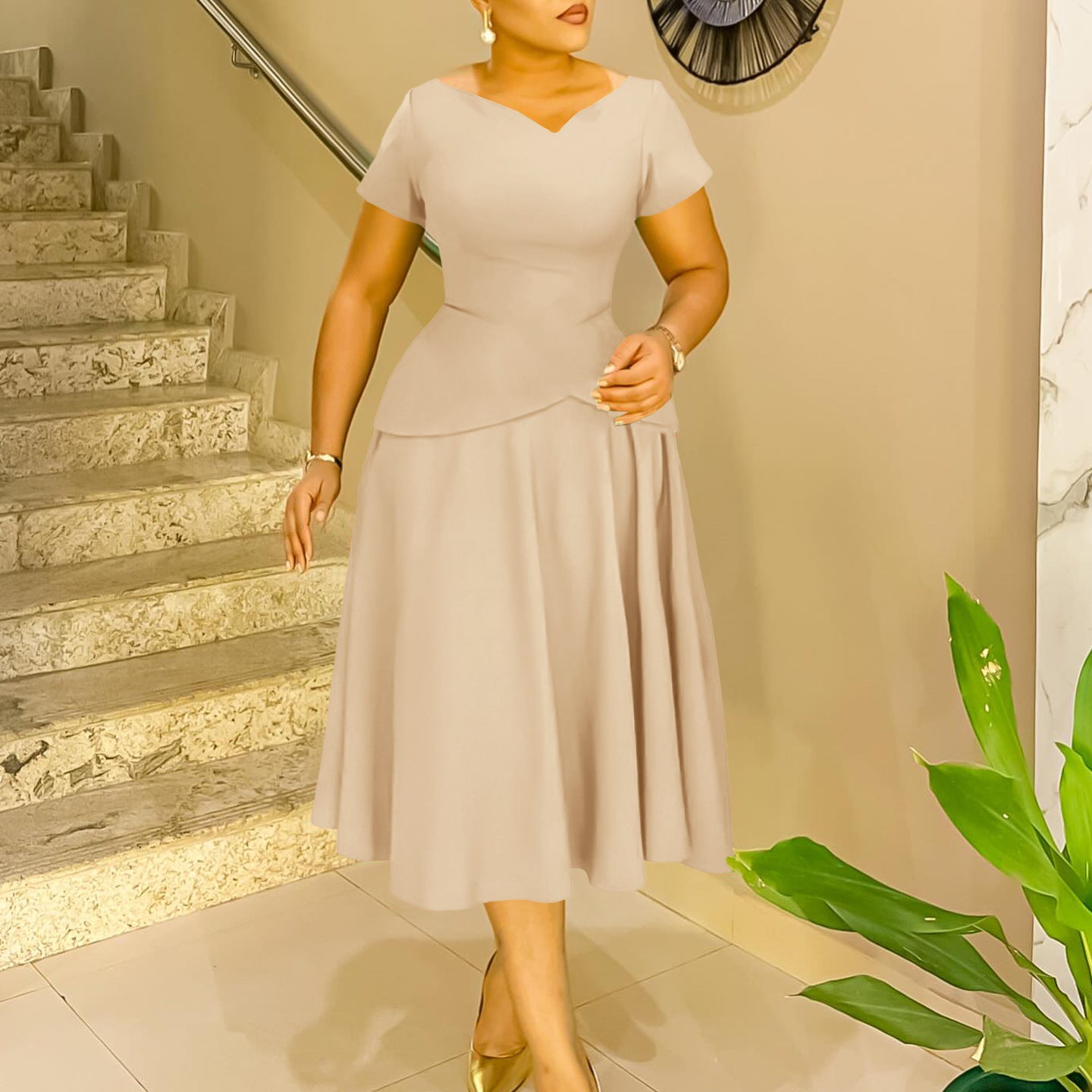 Women Summer Solid V Neck Short Sleeve African Dress 4