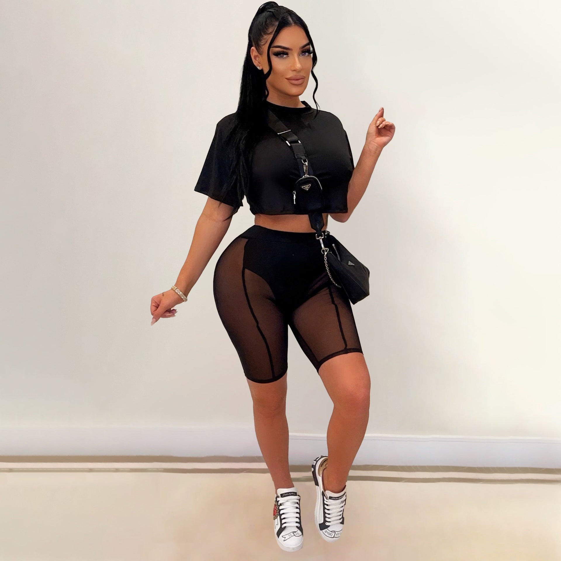 Women Summer Fashion Mesh Solid Top + Shorts Two-Piece Set 3