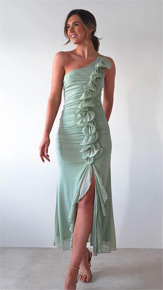 Summer Slash Shoulder Fashion Sexy Shirred High Slit Slim Dress 15