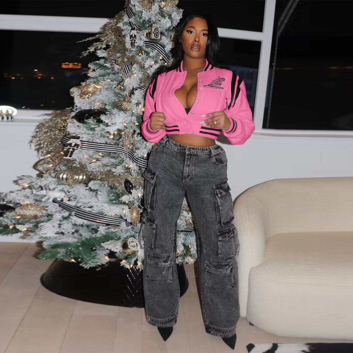 Women's Clothing Embroidery Letter Button Fashion Baseball Jacket 4