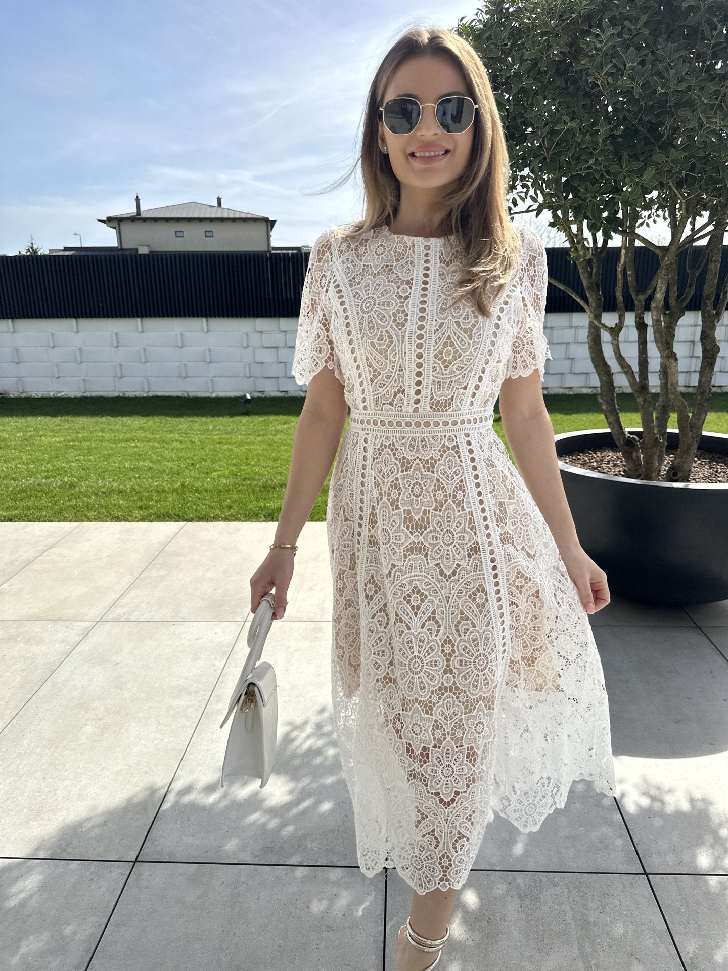 Round Neck Ruffle Sleeve Lace Dress Women's Summer Slim Fit Chic Elegant Gown 6