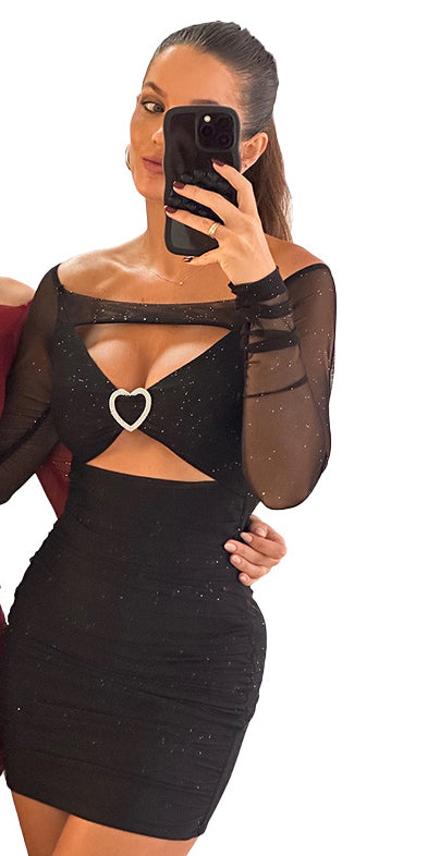 Women's Off Shoulder Mesh Patchwork Hollow Long Sleeve Sexy Bodycon Dress 3
