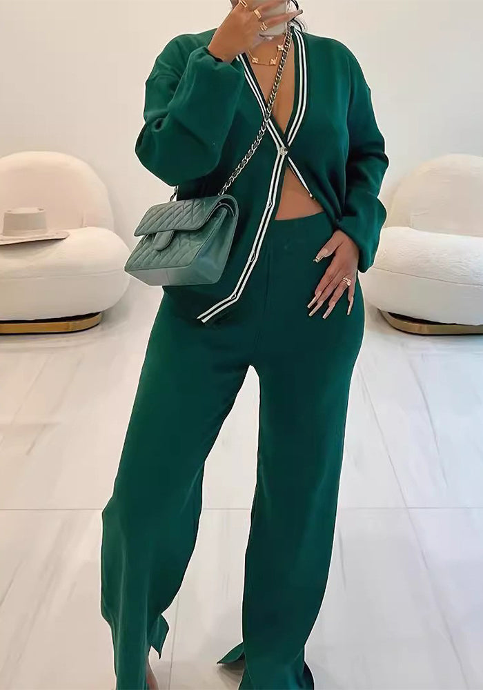 Women Solid Knitting Jacket and Casual Pant Two-piece Set