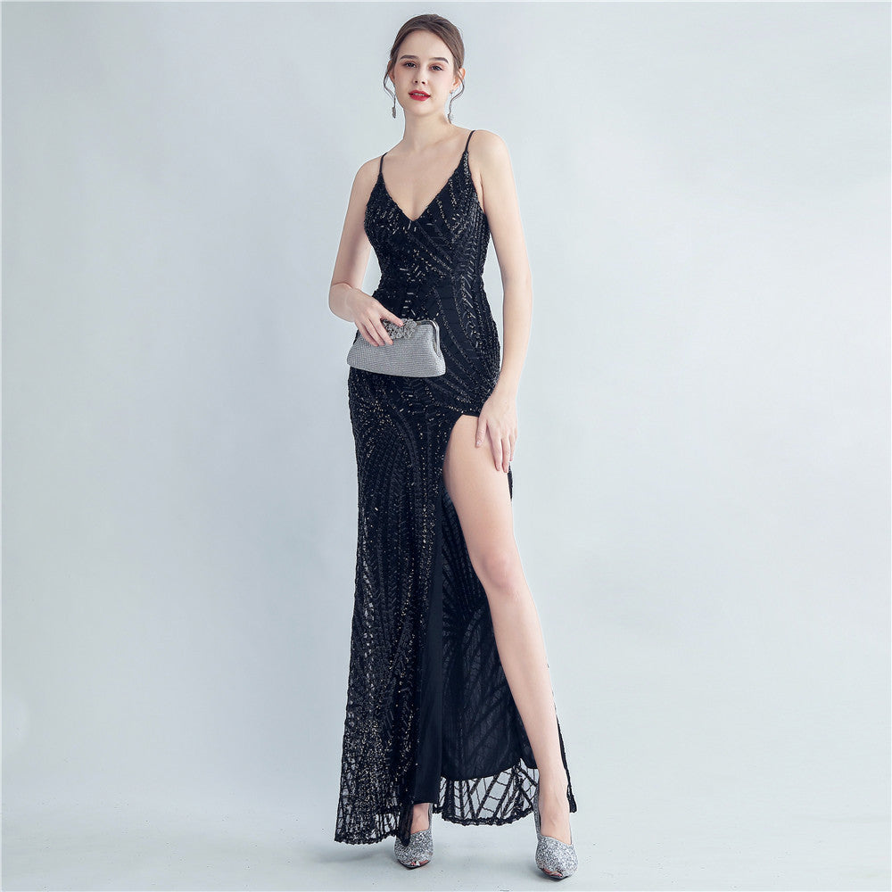 Women Sequined Side Slit Evening Dress 7