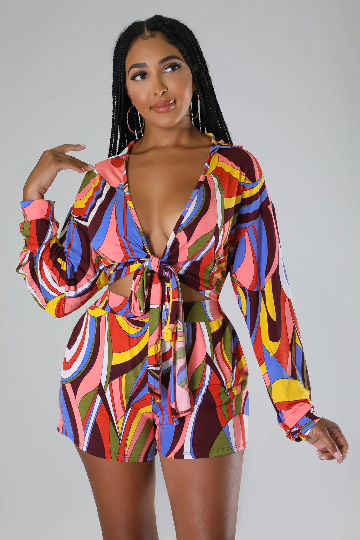 Women Printed Lace-Up Long Sleeve Shirt and Shorts Holidays Two-Piece Set 3