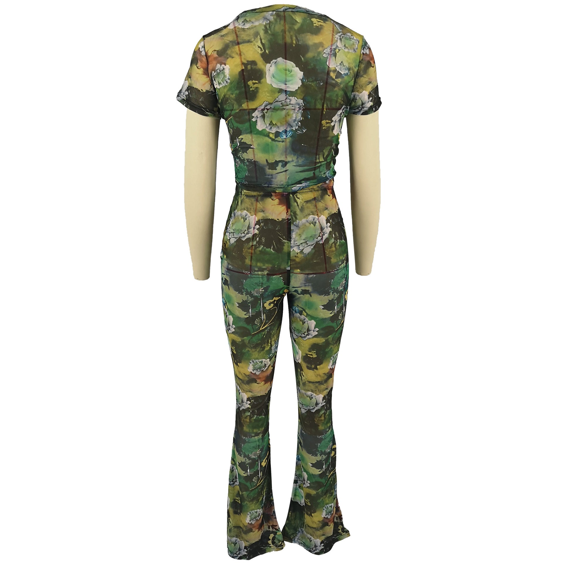 Women's Clothing Summer Fashion Print Round Neck Bootcut Pants Slim Sexy Two-Piece Set 12