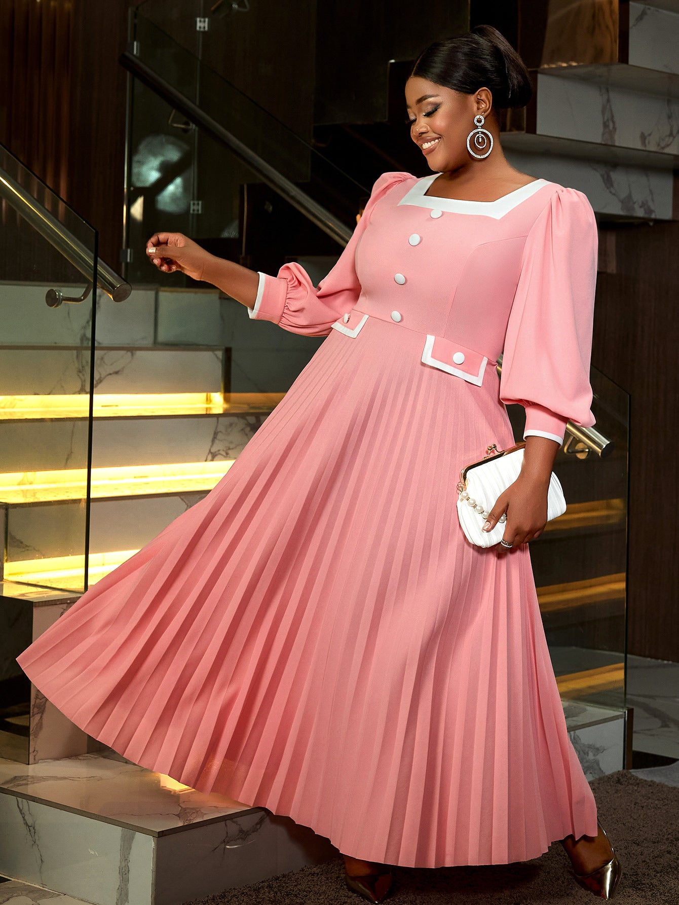 Women Square Neck Lantern Sleeve Formal Party High Waist Pleated Dress 4