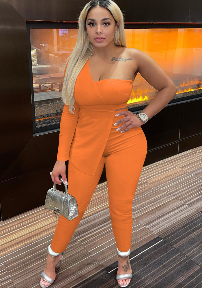 Women'S Fashion Sexy Slash Shoulder One Sleeve Simple Design Two Piece Pants Set