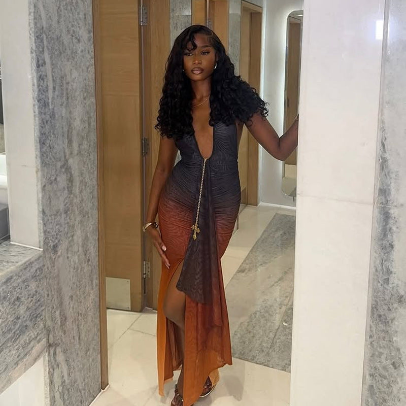 Women Contrast Color Sexy V Neck Backless Dress