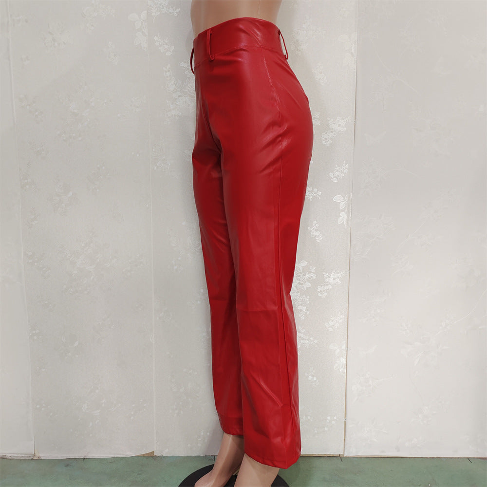 Solid Color Loose Wide-Leg Leather Pants with Back Zipper 11