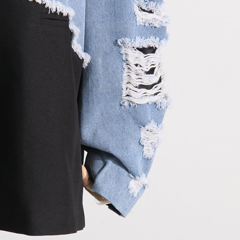 Women's Autumn Contrast Color Denim Patchwork Loose Jacket 15