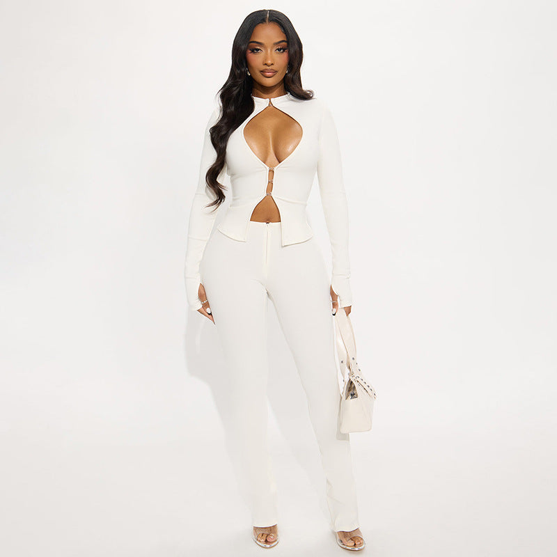 Women Cutout Hook-and-Snap Zipper Top and Pants Two-Piece Set