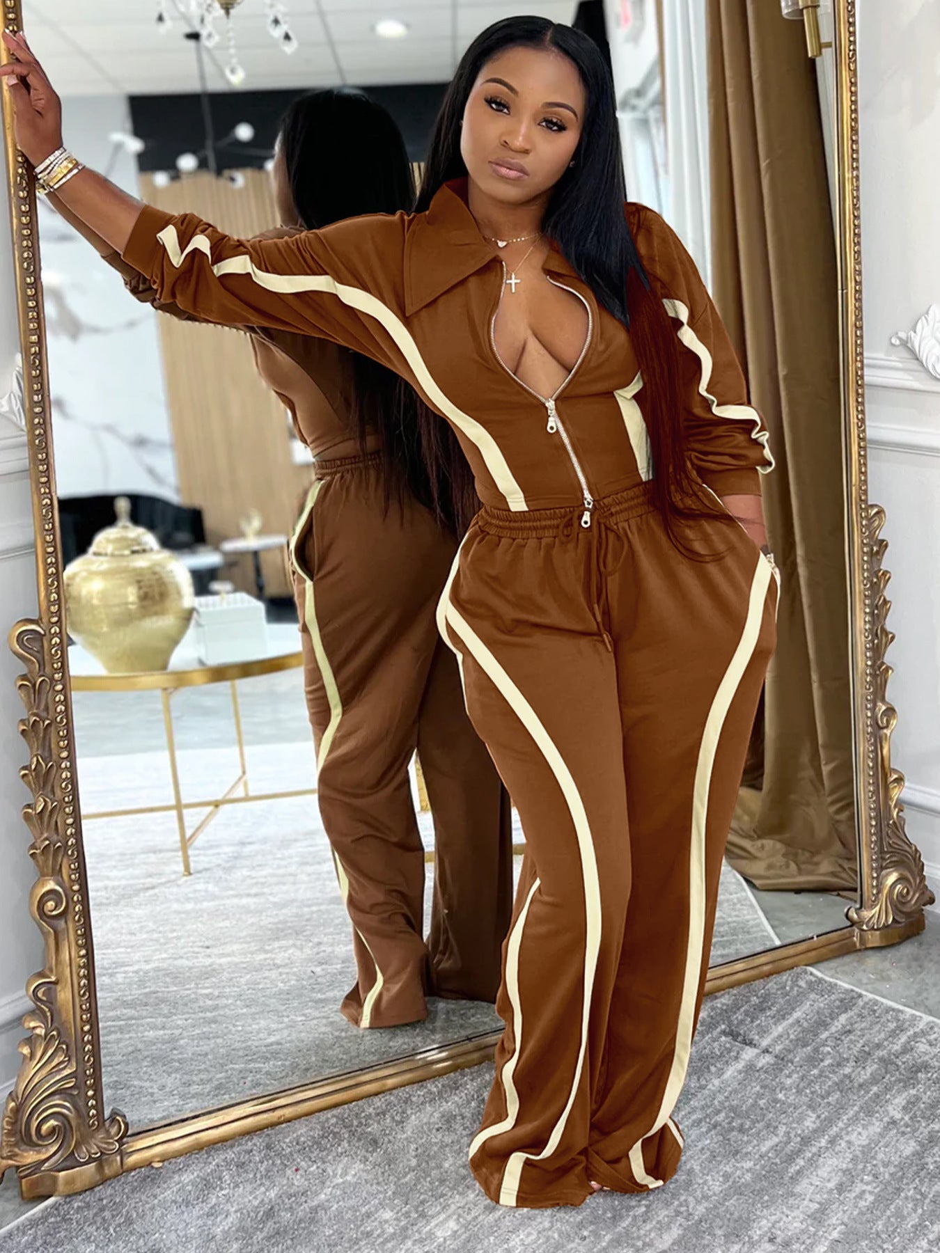 Fashion Women's Striped Patchwork Color Block Zipper Turndown Collar Top Wide Leg Pants Two-Piece Set 4