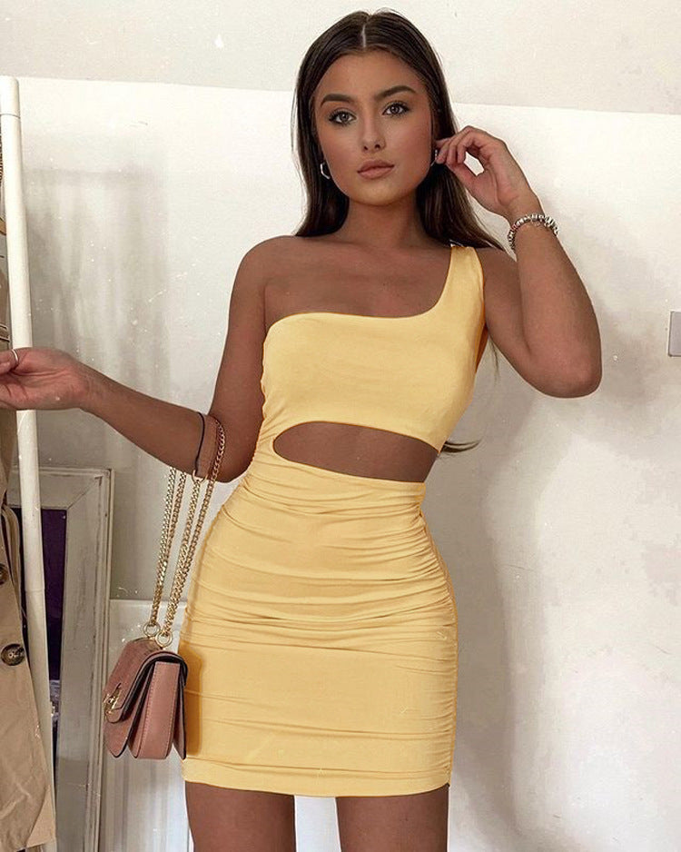 Women Sleeveless Slash Shoulder Hollow Pleated Sexy Bodycon Dress 9