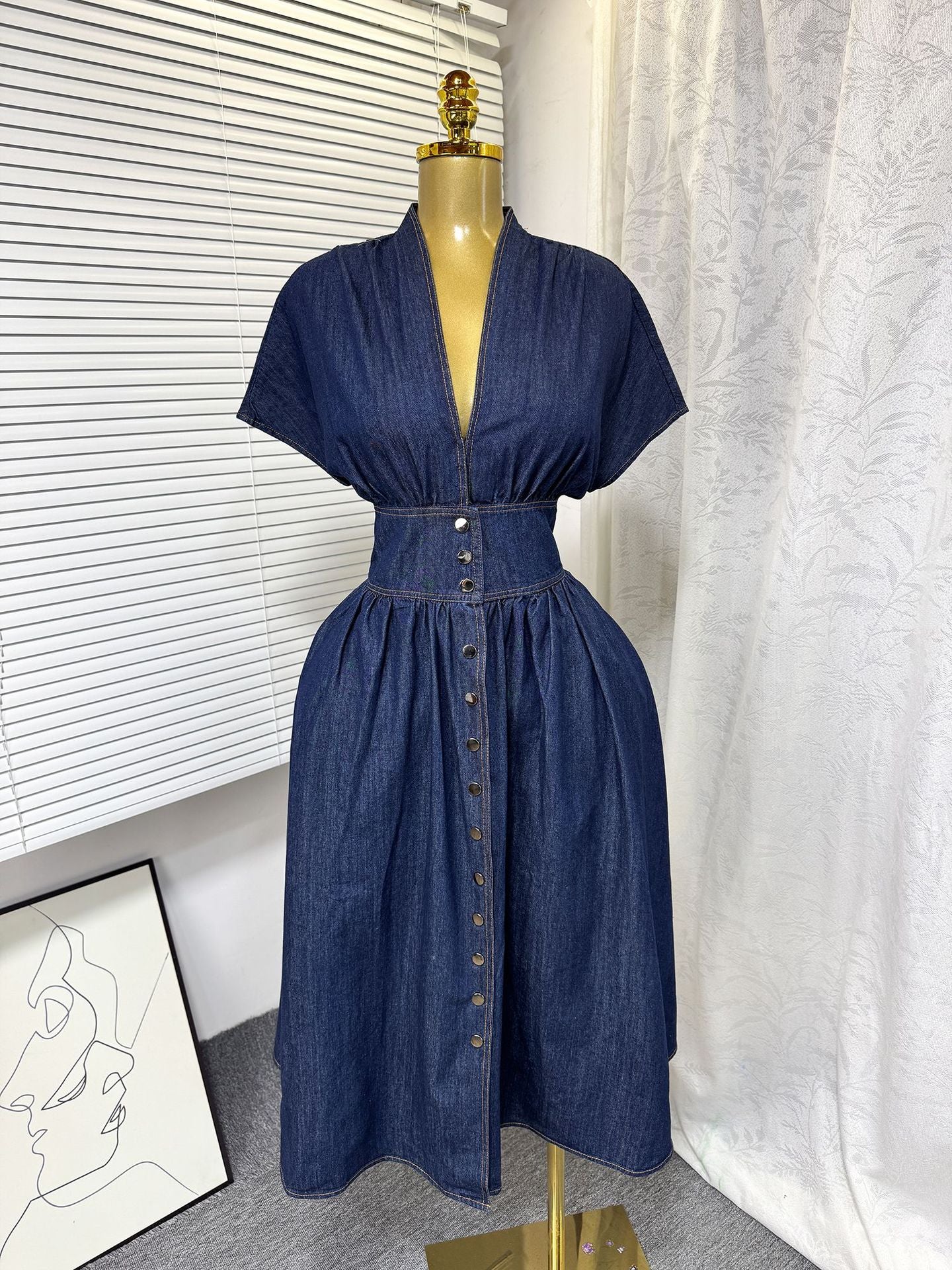 Women's Summer Deep V neck Slim Waist Buttoned Pleated Casual Denim Dress 13