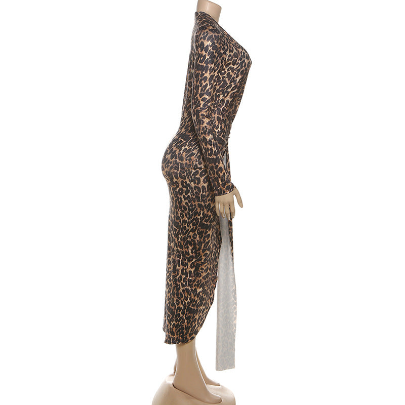 Women's Summer Sexy Leopard Print Deep V-Neck Slit Dress 7