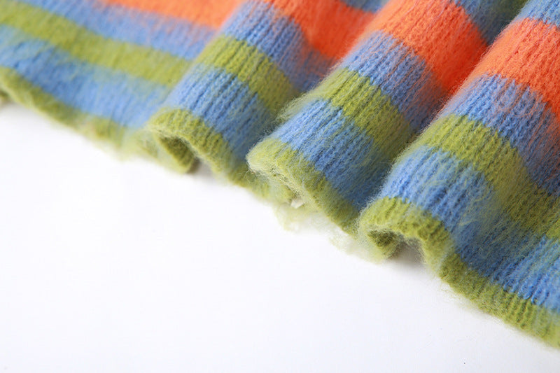 Autumn Women sexy knitting striped contrast top and slit skirt two-piece set 18