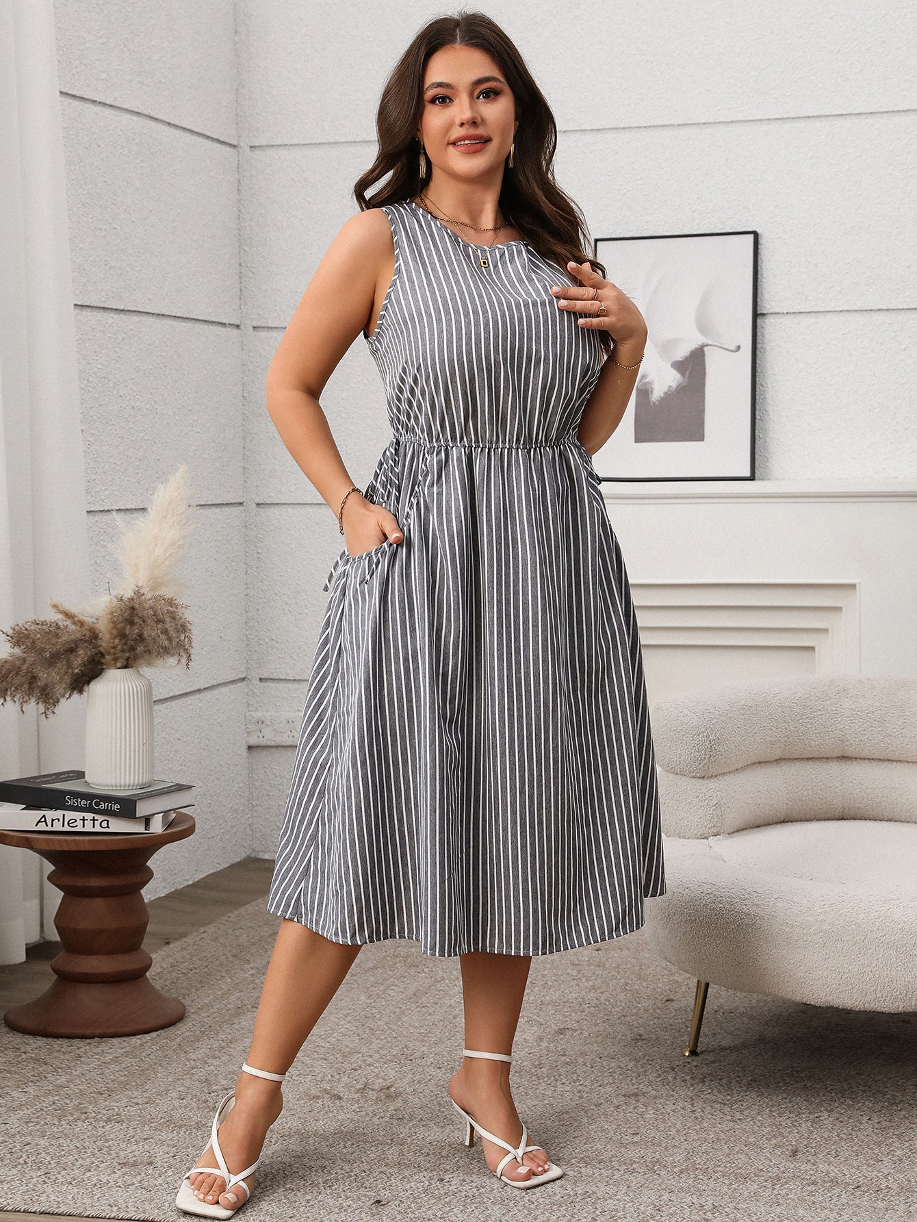 Spring/Summer Women's Plus Size Casual Contrast Stripe Sleeveless Pocket Dress 6