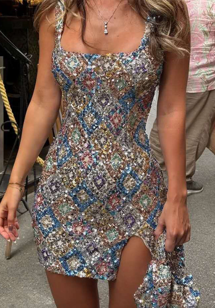 Women Spring/Summer Floral Sequin Slit Bodycon Sexy Dress